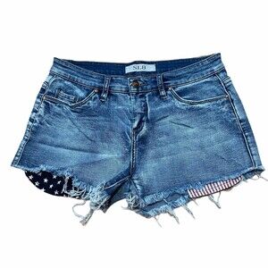 SL8 Womens Denim Shorts Size 26 Raw Hem American Flag Pockets Raw Hem Excellent